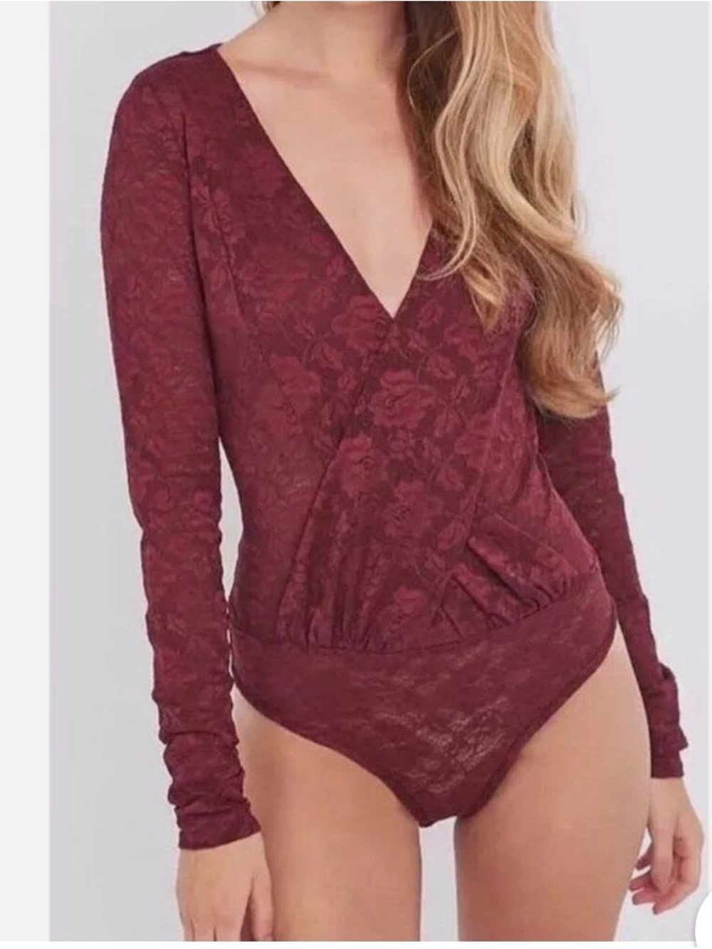 Free People Burgundy Floral Lace Surplice Long Sleeve Bodysuit